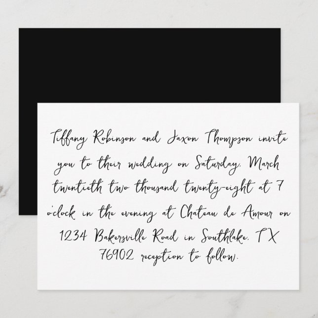 Handwritten Style White and Black Wedding Invitation (Front/Back)