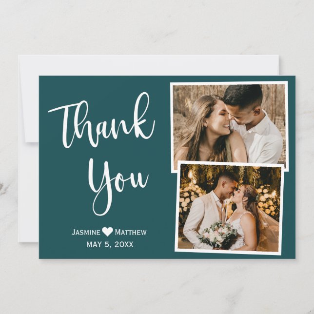Handwritten Teal Wedding Thank You Photo Card (Front)