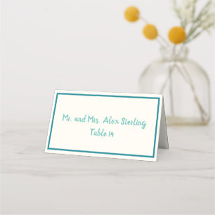 Handwritten Turquoise Blue Bold Border Wedding Place Card