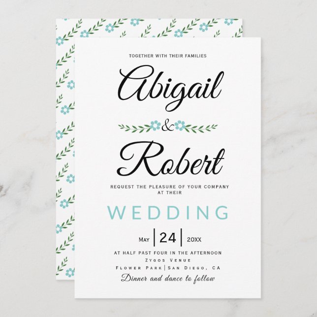 Handwritten typography aqua flowers simple wedding invitation (Front/Back)