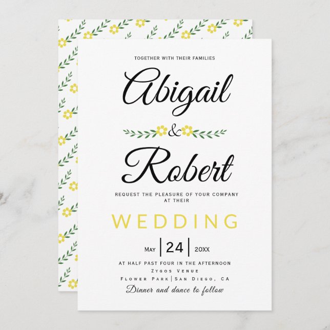 Handwritten typography yellow flowers wedding invitation (Front/Back)