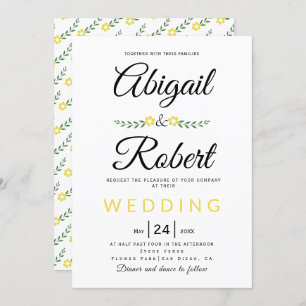 Handwritten typography yellow flowers wedding invitation