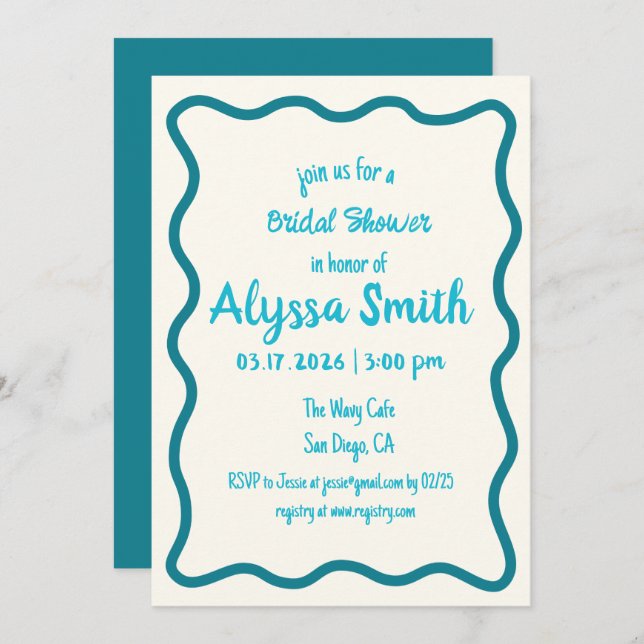 Handwritten Wavy Border Retro Teal Bridal Shower Invitation (Front/Back)