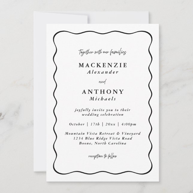 Handwritten Wedding Black Wavy Border All In One Invitation (Front)