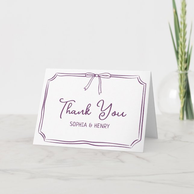 Handwritten Wedding Elegant Bow Plum Purple Thank You Card (Front)