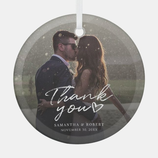 Handwritten Wedding Photo Thank You Christmas Glass Tree Decoration (Front)