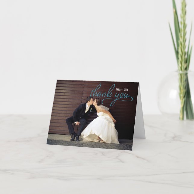 HANDWRITTEN Wedding Thank You Photo Card - Blue (Front)