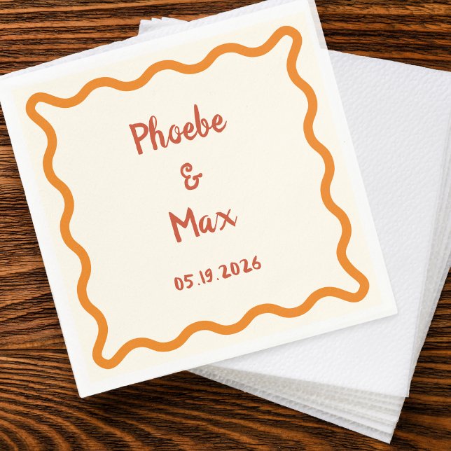 Handwritten Whimsical Wavy Border 70s Wedding  Napkin (Creator Uploaded)