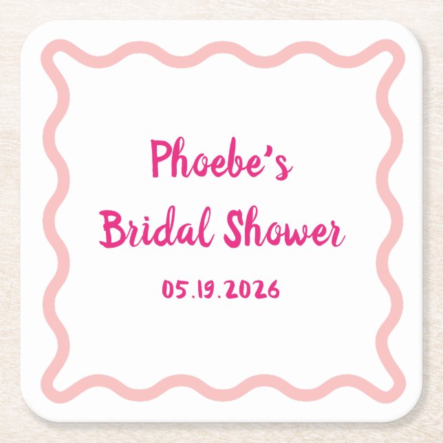 Handwritten Whimsical Wavy Border Bridal Shower Square Paper Coaster (Front)