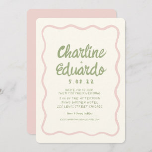 Handwritting Wavy Green Pastel Colour Wedding Invitation