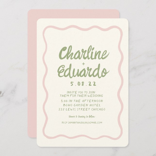 Handwritting Wavy Green Pastel Colour Wedding  Invitation (Creator Uploaded)