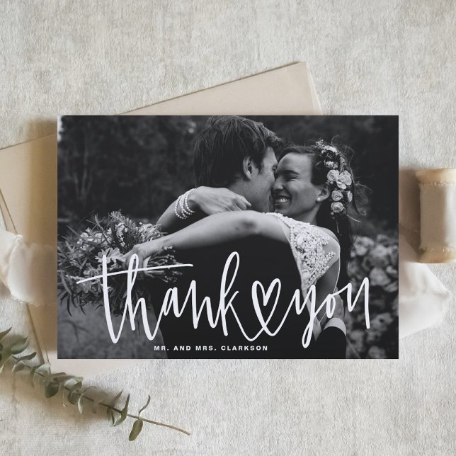 Handwritting with Heart Landscape Photo Wedding Thank You Card (Creator Uploaded)