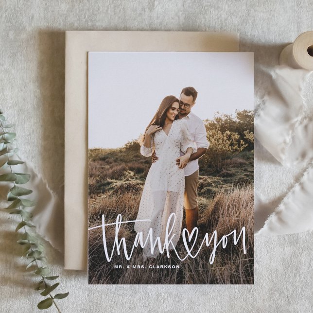 Handwritting with Heart Portrait Photo Wedding Thank You Card (Creator Uploaded)