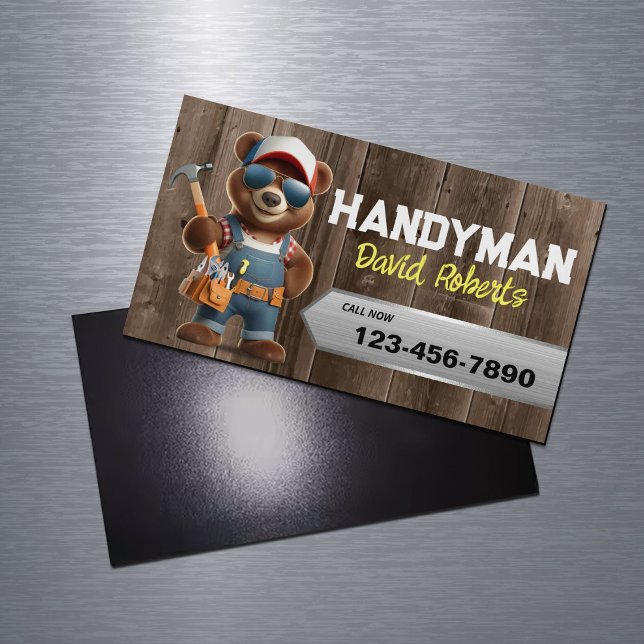 Handyman Bear Carpenter House Repair Service Wood Magnetic Business Card (Creator Uploaded)