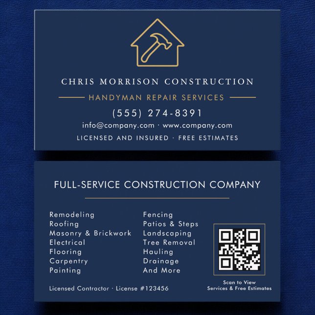 Handyman Construction Navy Blue Gold QR Code Business Card (Creator Uploaded)