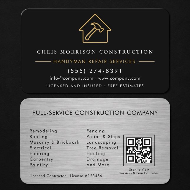 Handyman Construction QR Code Silver Metallic  Business Card (Creator Uploaded)