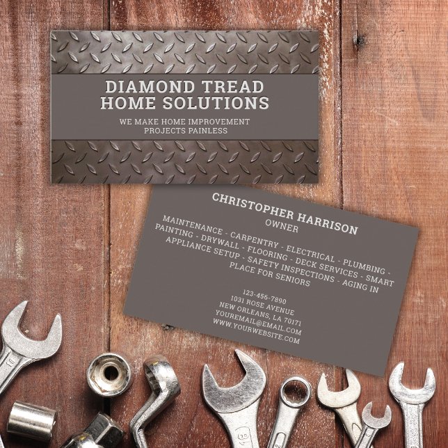 Handyman Construction Repair Service Metal Steel Business Card (Simply add your business name, services, & contact information. You're ready to impress new clients.)