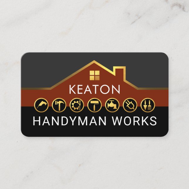 Handyman Construction Service Gold Rooftop Business Card (Front)