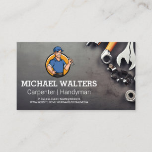 Handyman Holding Wrench   Tools on Table Business Card