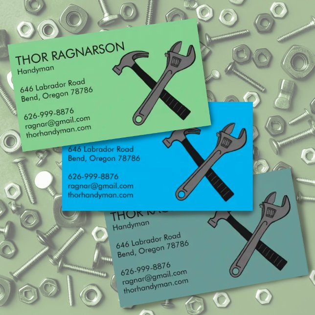 Handyman Home Repair Construction Wrench Hammer Business Card (Handyman custom business card with illustration of wrench and hammer. Add your own text change color)