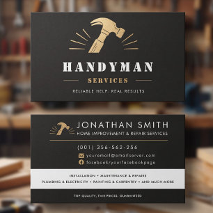 Handyman Modern Black Gold Hammer Custom Business Card