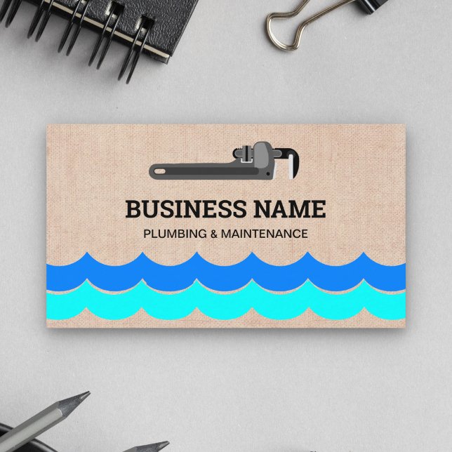 Handyman Plumbing Pipe Wrench Burlap Plumber Business Card (Creator Uploaded)