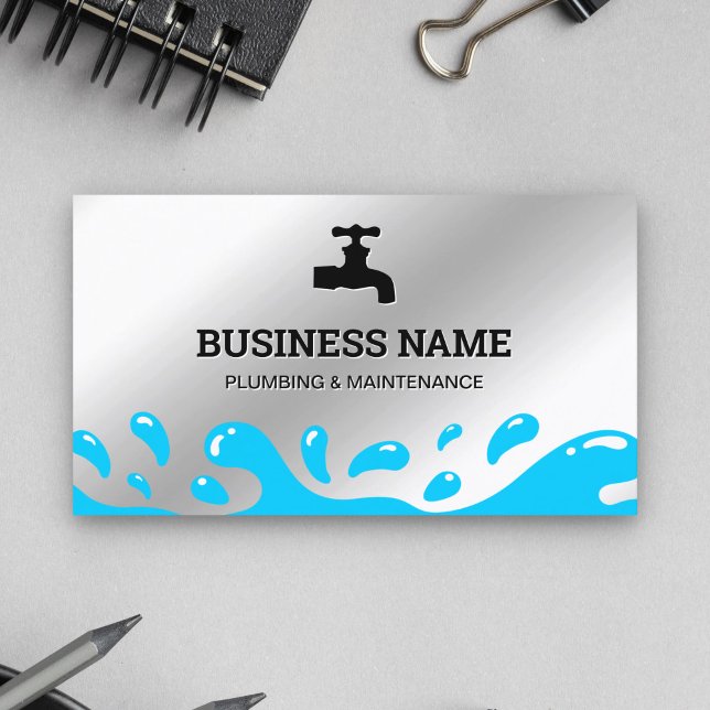 Handyman Plumbing Water Tap Metallic Steel Plumber Business Card (Creator Uploaded)