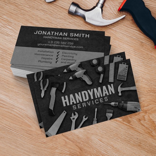 Handyman services grayscale tools grunge  business card (Creator Uploaded)