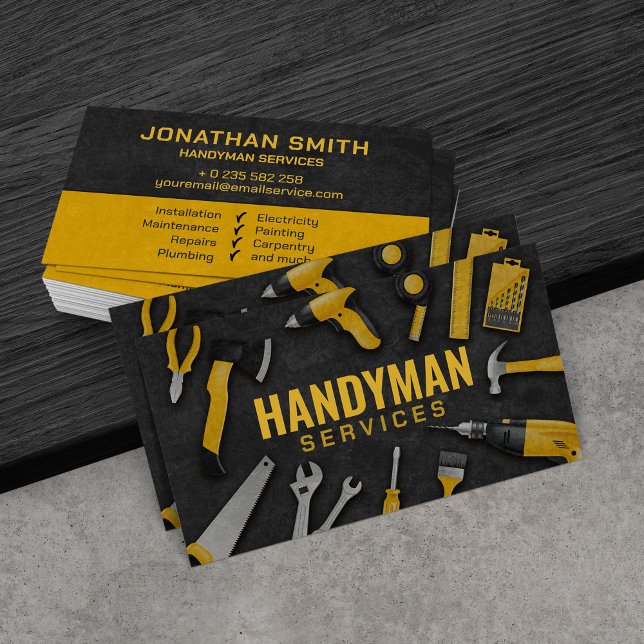 Handyman services yellow tools grunge  business card (Creator Uploaded)