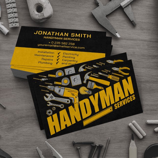 Handyman services yellow tools grunge  business card (Creator Uploaded)