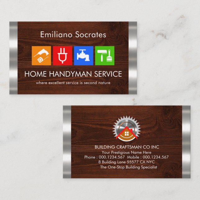 Handyman Timber Wood Silver Stripes Business Card (Front/Back)