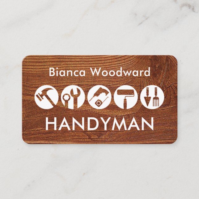 Handyman Tools Icon On Wood Business Card (Front)