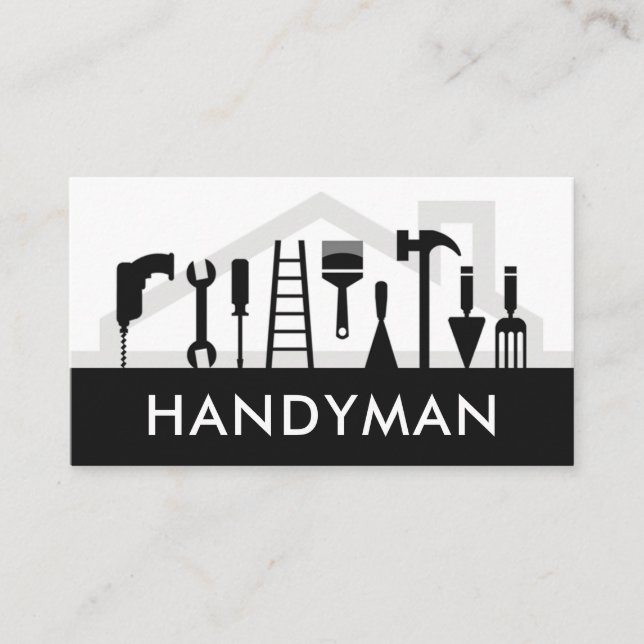 Handyman Tools Silhouette On Rooftop Business Card (Front)