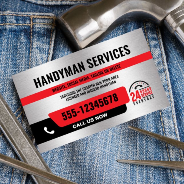 HANDYMAN URGENT REPAIR 24/ SILVER BLACK RED BUSINESS CARD (Creator Uploaded)
