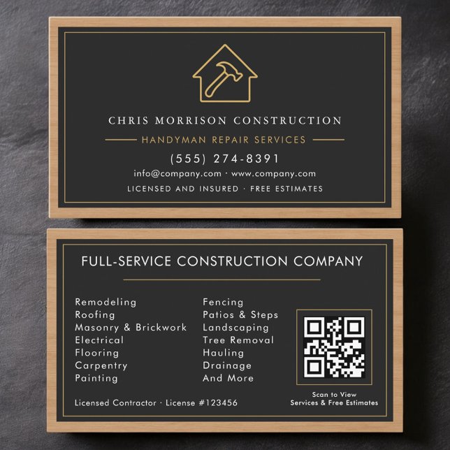 Handyman Wood QR Code Construction Black Gold  Business Card (Creator Uploaded)