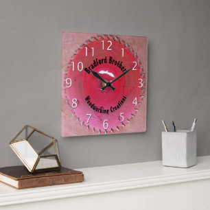 Handyman Woodworking Red Saw Blade Custom Name Square Wall Clock