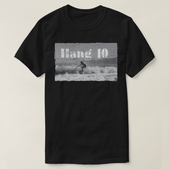 Hang 10 Surfer Riding Wave Retro Distressed  T-Shirt (Design Front)