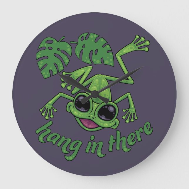 Hang In There Happy Green Tree Frog Large Clock (Front)