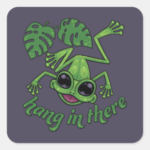 Hang In There Happy Green Tree Frog Square Sticker