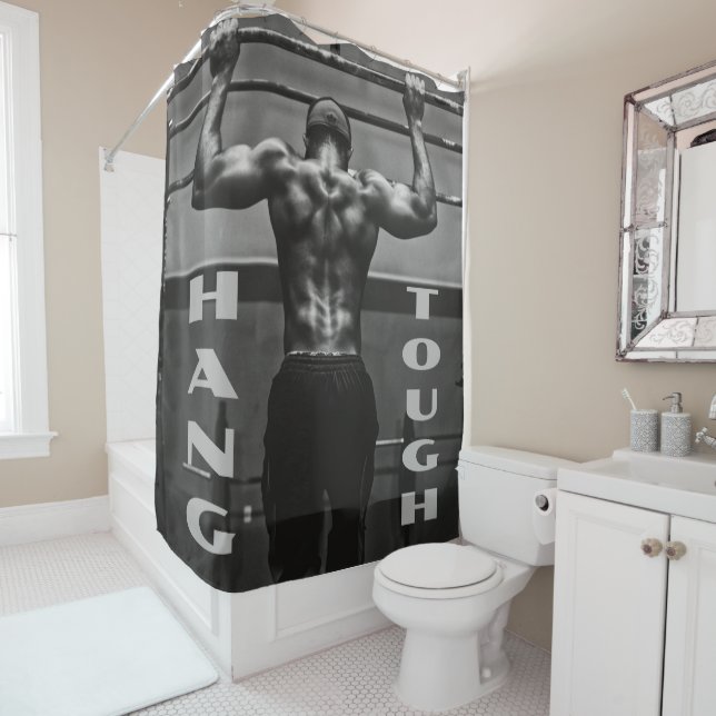 Hang Tough Muscle Man Workout Gym Shower Curtain (In Situ)