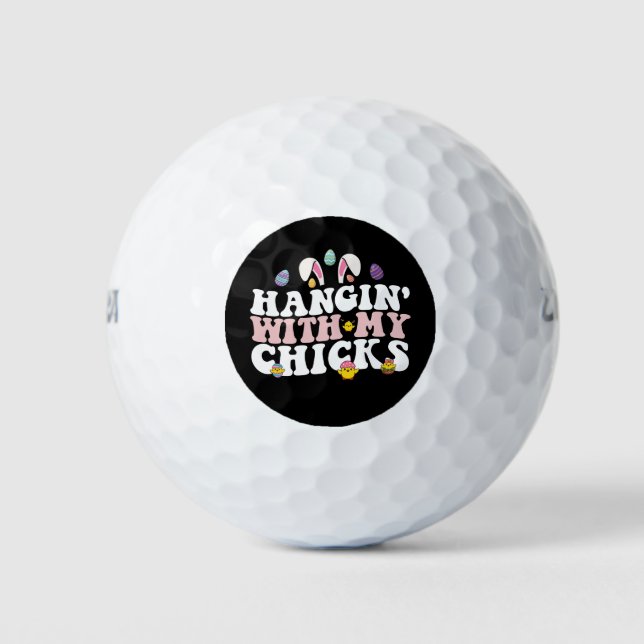 Hangin' With My Chicks Easter Bunny Groovy Retro Golf Balls (Front)