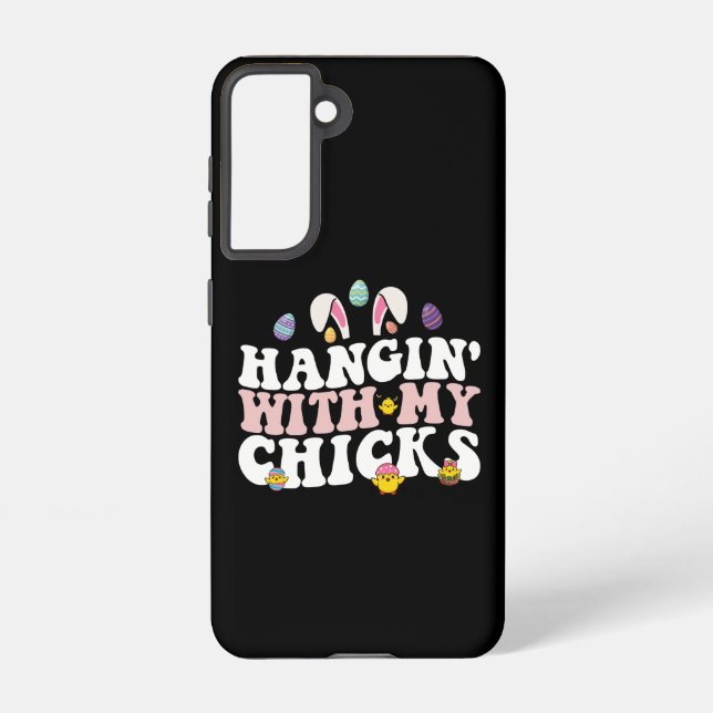Hangin' With My Chicks Easter Bunny Groovy Retro Samsung Galaxy S21 Case (Back)