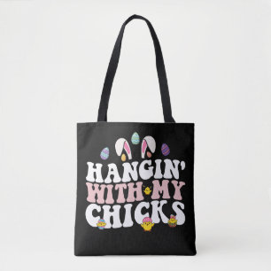 Hangin' With My Chicks Easter Bunny Groovy Retro Tote Bag