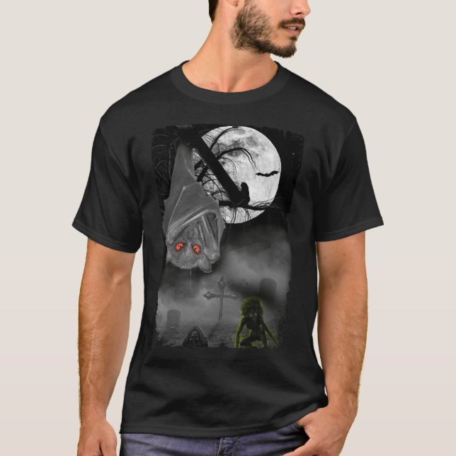 Hanging Bat Graveyard Zombie Horror Moon T-Shirt (Front)