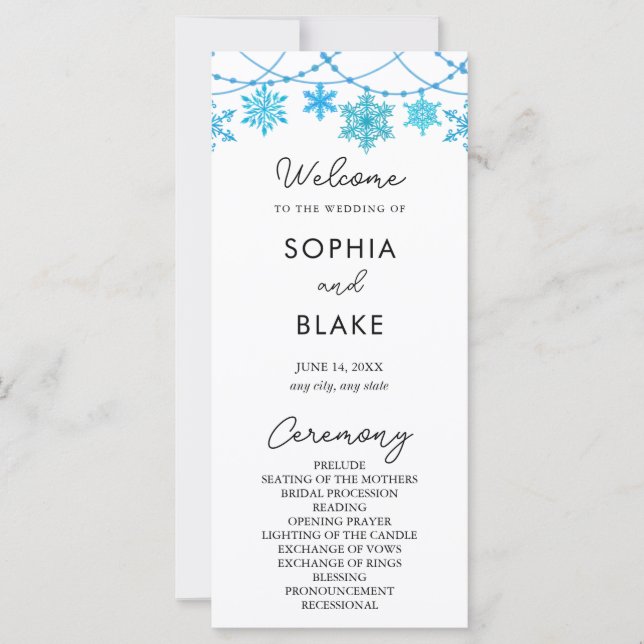 Hanging Blue Snowflakes White Wedding Program (Front)