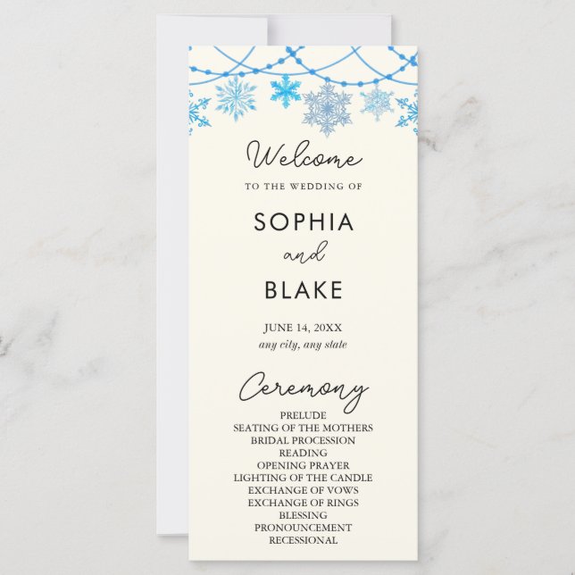 Hanging Blue Snowflakes Yellow Wedding Program (Front)