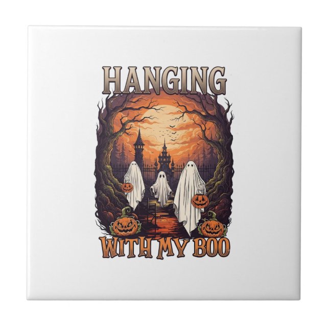 Hanging Boo Halloween Ghosts Pumpkins Full Moon_1 Tile (Front)