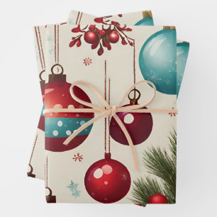 Hanging Christmas Ornaments and Red Berries  Wrapping Paper Sheet