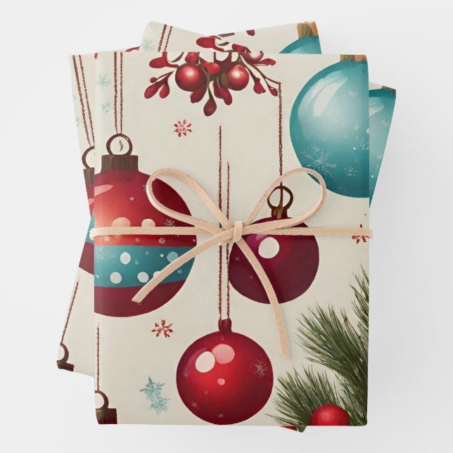 Hanging Christmas Ornaments and Red Berries  Wrapping Paper Sheet (In situ)