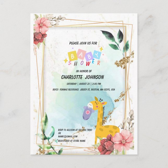 Hanging clothes w giraffe,Boho Floral Baby shower  Postcard (Front)